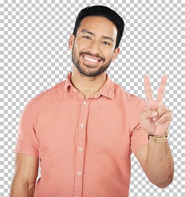 Buy stock photo Peace hands, portrait and happy man with thank you, support or feedback sign on isolated, transparent or png background. V, emoji and face of Japanese male model with review, opinion or freedom vote