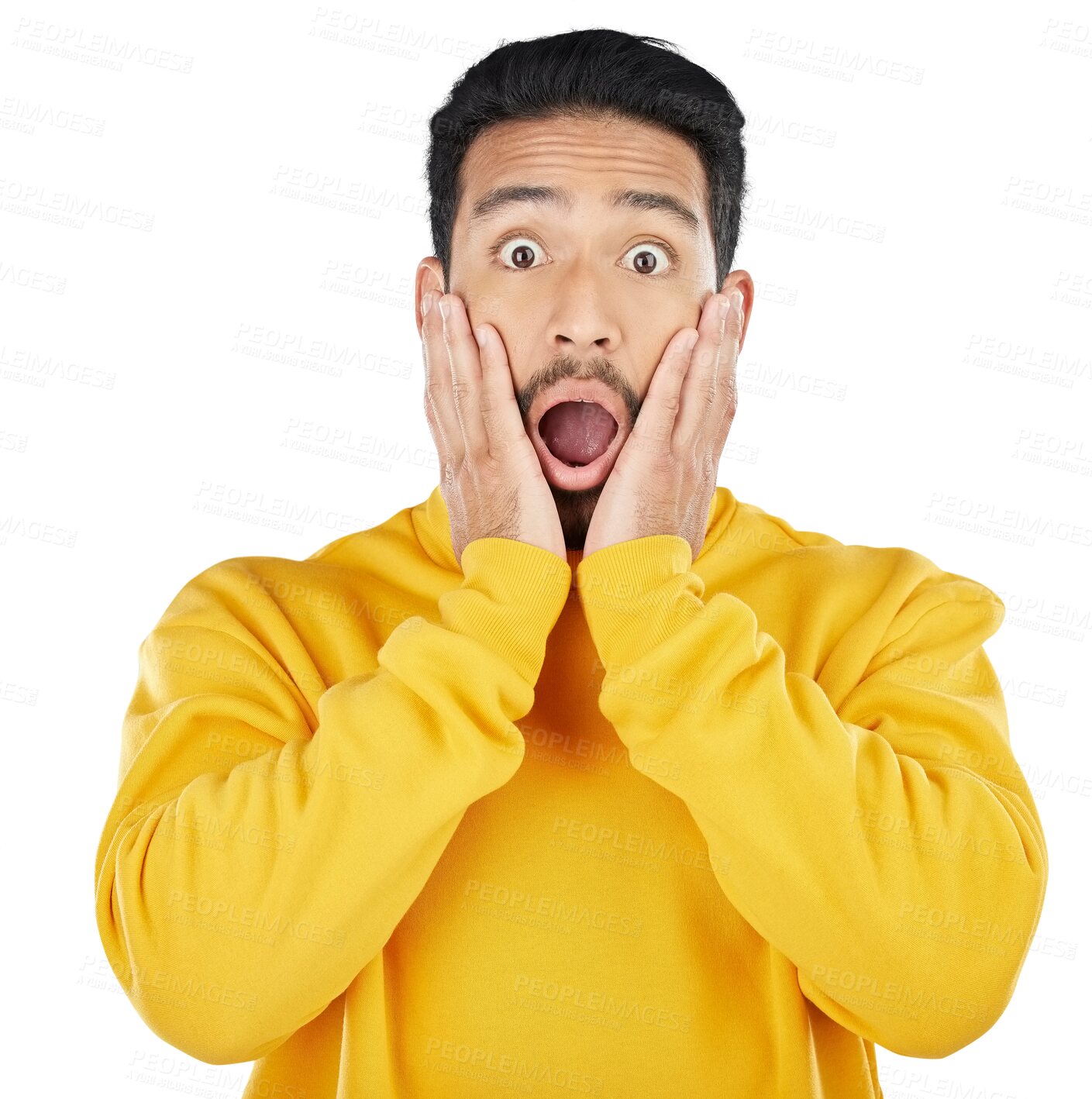 Buy stock photo Surprised, news and hands on face of man for omg, surprise or promo isolated on png transparent background. Wow, emoji and portrait of Japanese model shocked by announcement, gossip info or sale