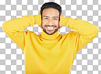 Portrait, smile and man cover ears in studio isolated on a white