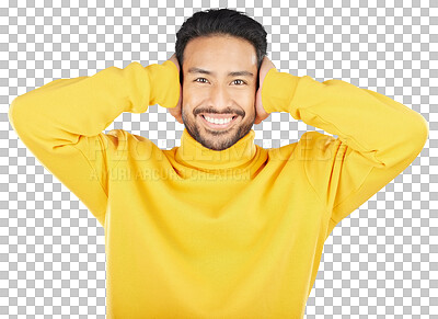 Buy stock photo Portrait, smile or man cover ears for noise or loud sound isolated on a png transparent background. Face, happy or Asian person not listening, hearing and silence for peace, quiet and ignore to relax