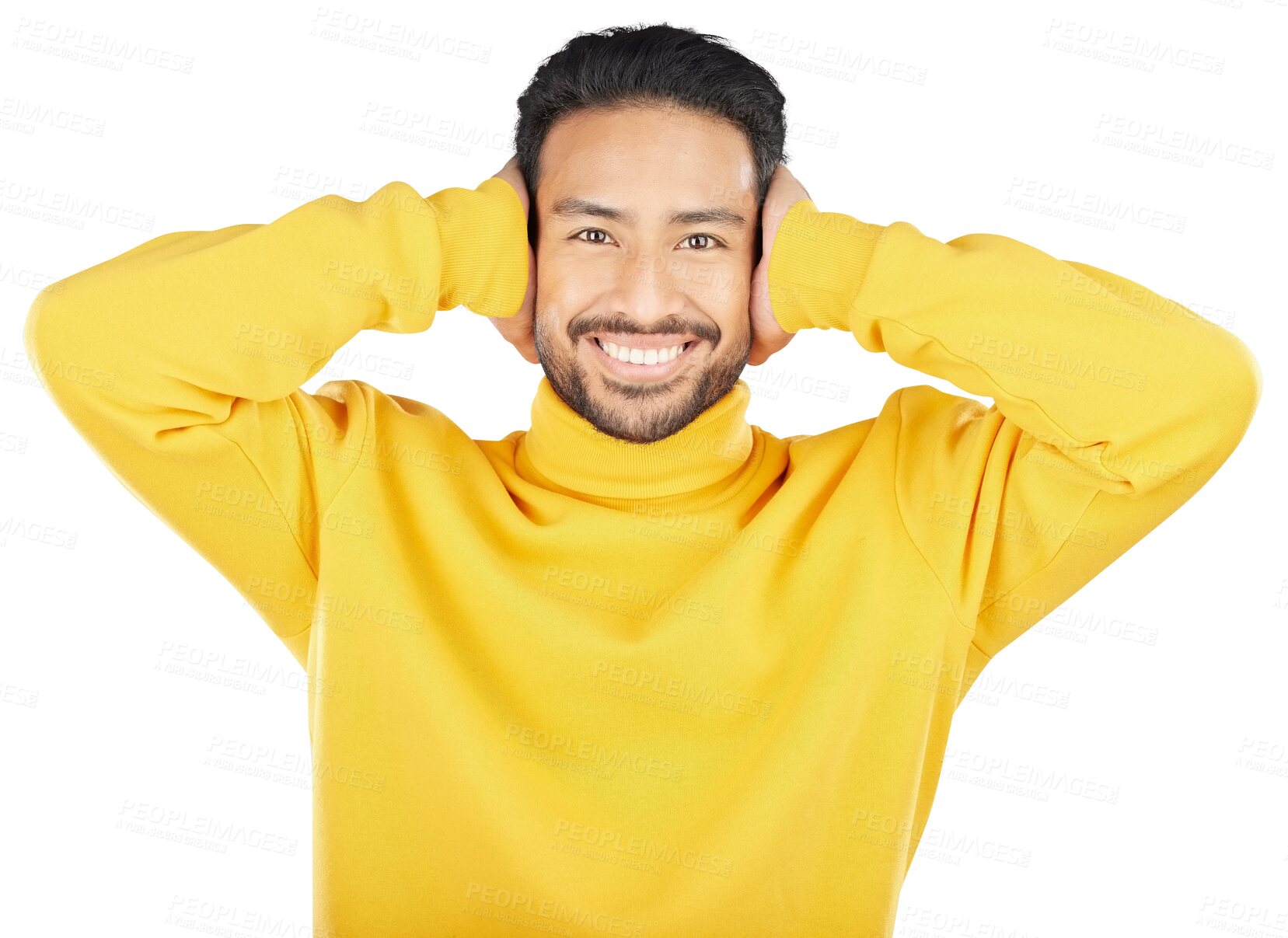 Buy stock photo Portrait, smile or man cover ears for noise or loud sound isolated on a png transparent background. Face, happy or Asian person not listening, hearing and silence for peace, quiet and ignore to relax