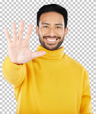 Buy stock photo Man, stop and hand in portrait, smile and emoji for opinion, rejection or no isolated on a transparent png background. Happy person with palm to protest, sign language gesture or wave communication