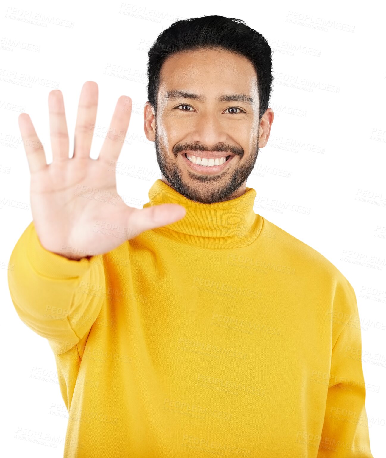 Buy stock photo Man, stop and hand in portrait, smile and emoji for opinion, rejection or no isolated on a transparent png background. Happy person with palm to protest, sign language gesture or wave communication