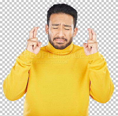 Buy stock photo Nervous, feedback and fingers crossed by Asian man, anxiety for news, giveaway and review isolated on transparent background. Hand, emoji and Japanese guy with anxious for results, png or competition