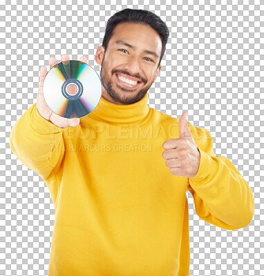 Buy stock photo Man, portrait and CD with thumbs up and happy from music of DVD and isolated on transparent png background. Smile, motivation and like emoji hand sign of a male person to promote and multimedia disk 