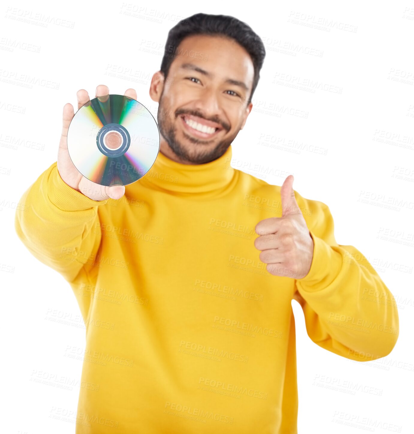 Buy stock photo Man, portrait and CD with thumbs up and happy from music of DVD and isolated on transparent png background. Smile, motivation and like emoji hand sign of a male person to promote and multimedia disk 