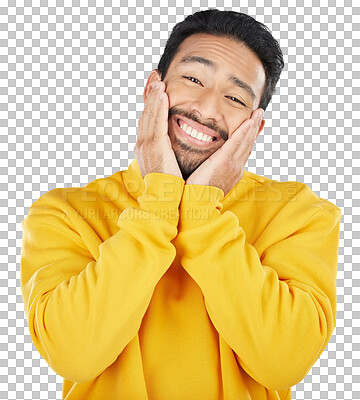 Buy stock photo Smile, shy and hands on face of asian man, love care and gesture for romantic sign on valentines day. Happy, portrait and japanese model with emoji cheeks and isolated on transparent png background 