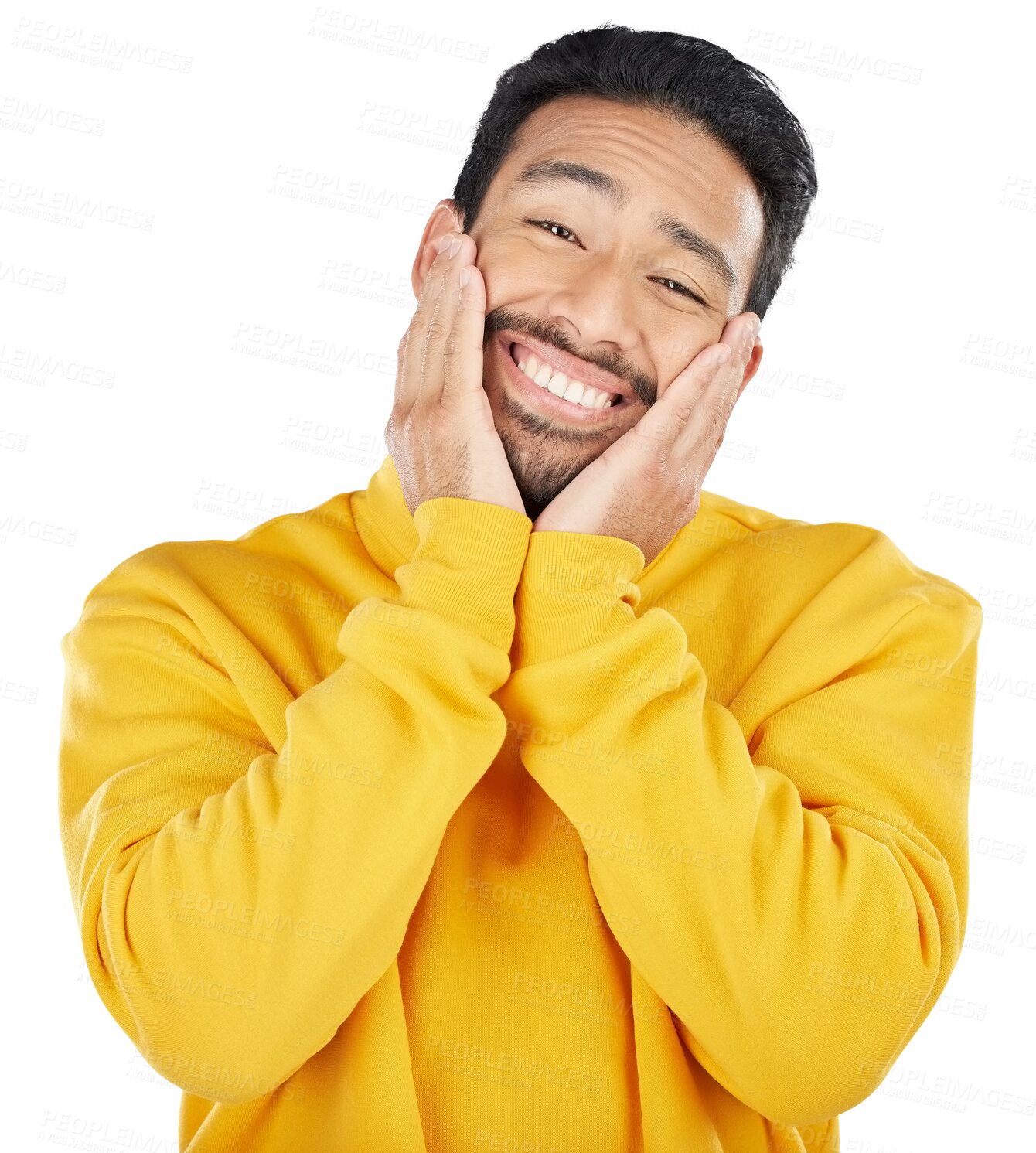 Buy stock photo Smile, shy and hands on face of asian man, love care and gesture for romantic sign on valentines day. Happy, portrait and japanese model with emoji cheeks and isolated on transparent png background 