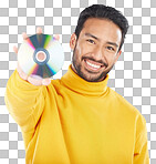 Man, cd and smile in studio portrait for music, tech or software