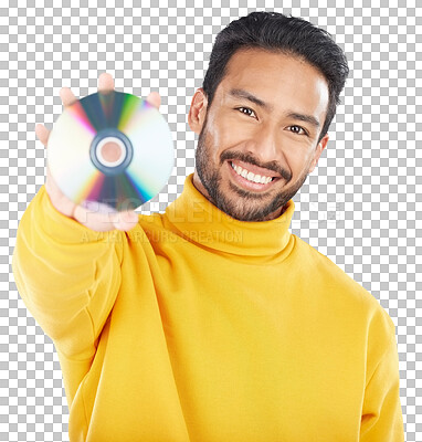 Buy stock photo Multimedia, disk and portrait of man with music, CD or hardware in transparent, isolated or png background. Person, smile and show retro audiovisual storage dvd for film, movie or digital information