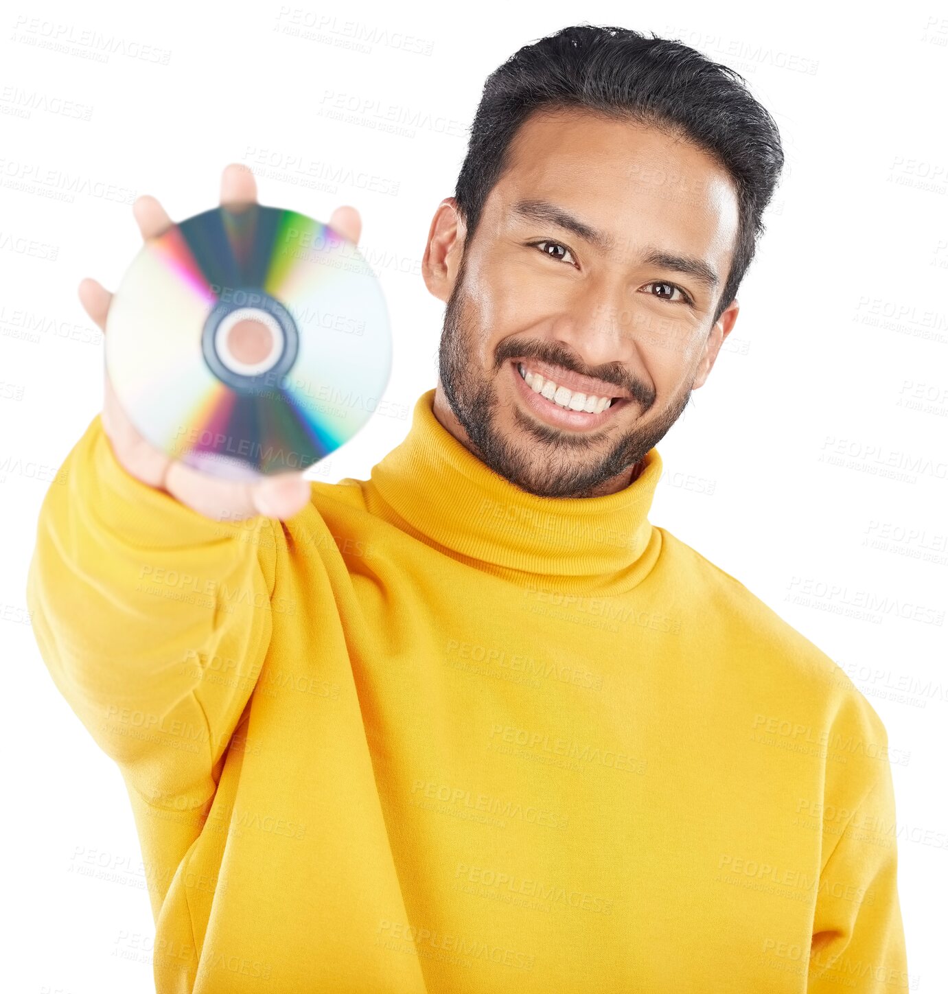 Buy stock photo Multimedia, disk and portrait of man with music, CD or hardware in transparent, isolated or png background. Person, smile and show retro audiovisual storage dvd for film, movie or digital information