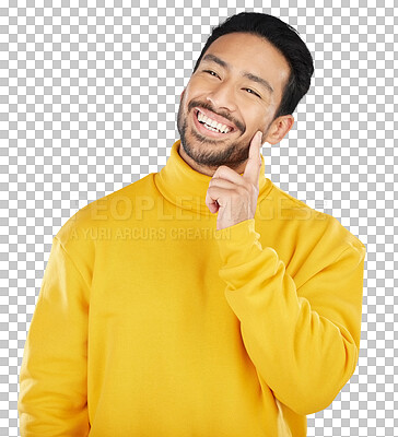 Buy stock photo Asian man, smile and thinking with future and dream, inspiration and memory isolated on png transparent background. Person, ideas and thoughtful with positivity, brainstorming and questions or happy