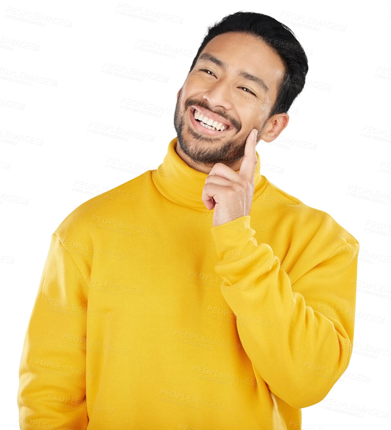 Buy stock photo Asian man, smile and thinking with future and dream, inspiration and memory isolated on png transparent background. Person, ideas and thoughtful with positivity, brainstorming and questions or happy