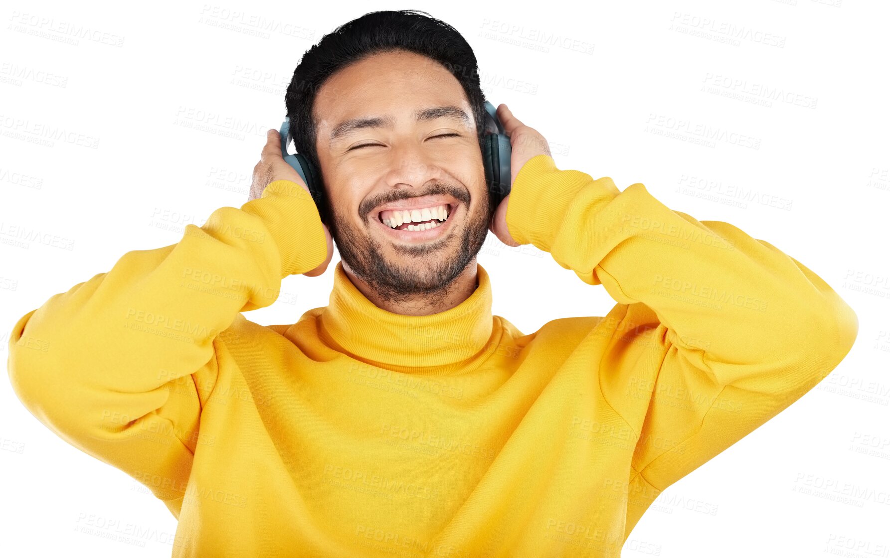 Buy stock photo Smile, headphones and man or music, happy and streaming radio or isolated on transparent png background. Asian male person, podcast and hearing audio or song, playlist and sound for relaxing or free