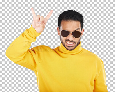 Buy stock photo Fashion, face and man with rocker hands, sunglasses and attitude on isolated, transparent or png background. Metal, emoji and Japanese male model with rock and roll sign, style and trendy clothes