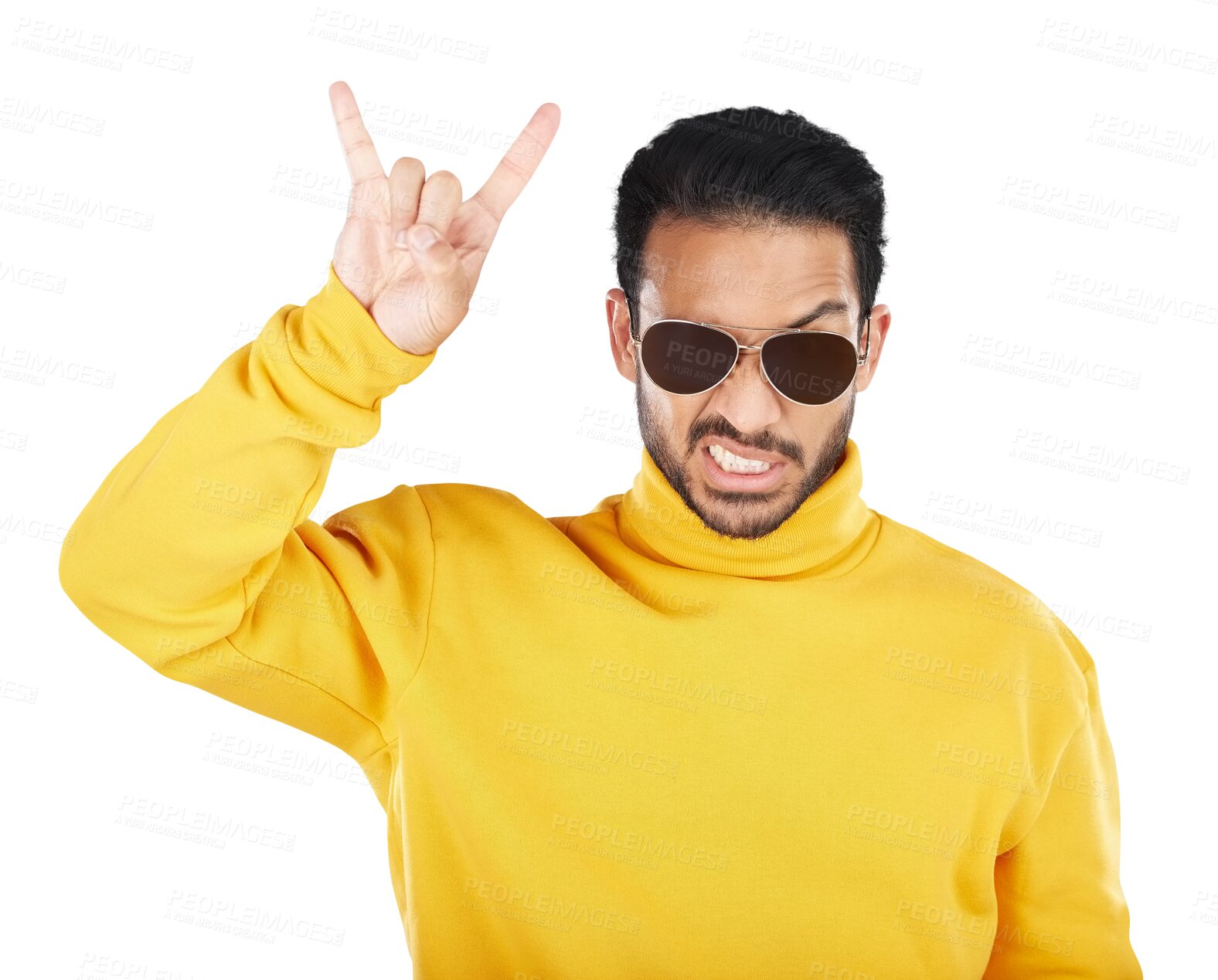 Buy stock photo Fashion, face and man with rocker hands, sunglasses and attitude on isolated, transparent or png background. Metal, emoji and Japanese male model with rock and roll sign, style and trendy clothes