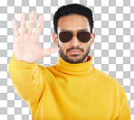 Man, palm and stop in sunglasses, studio portrait or emoji for o