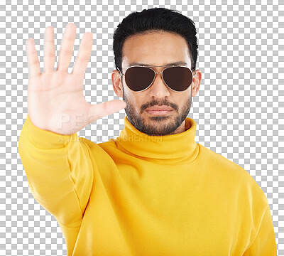 Buy stock photo Sunglasses, serious and man with hand for stop emoji, sign or gesture with rejection or opinion. Palm, confident and Indian model with no or danger expression isolated by transparent png background.