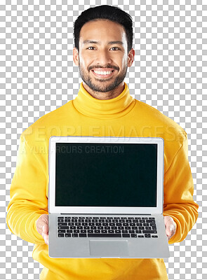 Buy stock photo Asian man, portrait or happy and laptop for advertising isolated on a png transparent background. Businessman, technology and display or screen in marketing or advertisement for social media or smile