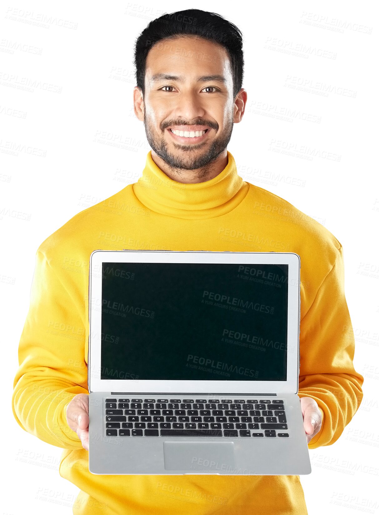 Buy stock photo Asian man, portrait or happy and laptop for advertising isolated on a png transparent background. Businessman, technology and display or screen in marketing or advertisement for social media or smile