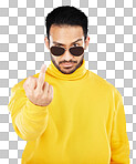 Man, middle finger and sunglasses in studio portrait with anger,