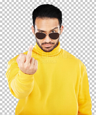 Buy stock photo Sunglasses, portrait and man with middle finger, sign or aggressive, rude or attitude on isolated, transparent or png background. Face, emoji and frustrated model with hand icon, conflict or problem