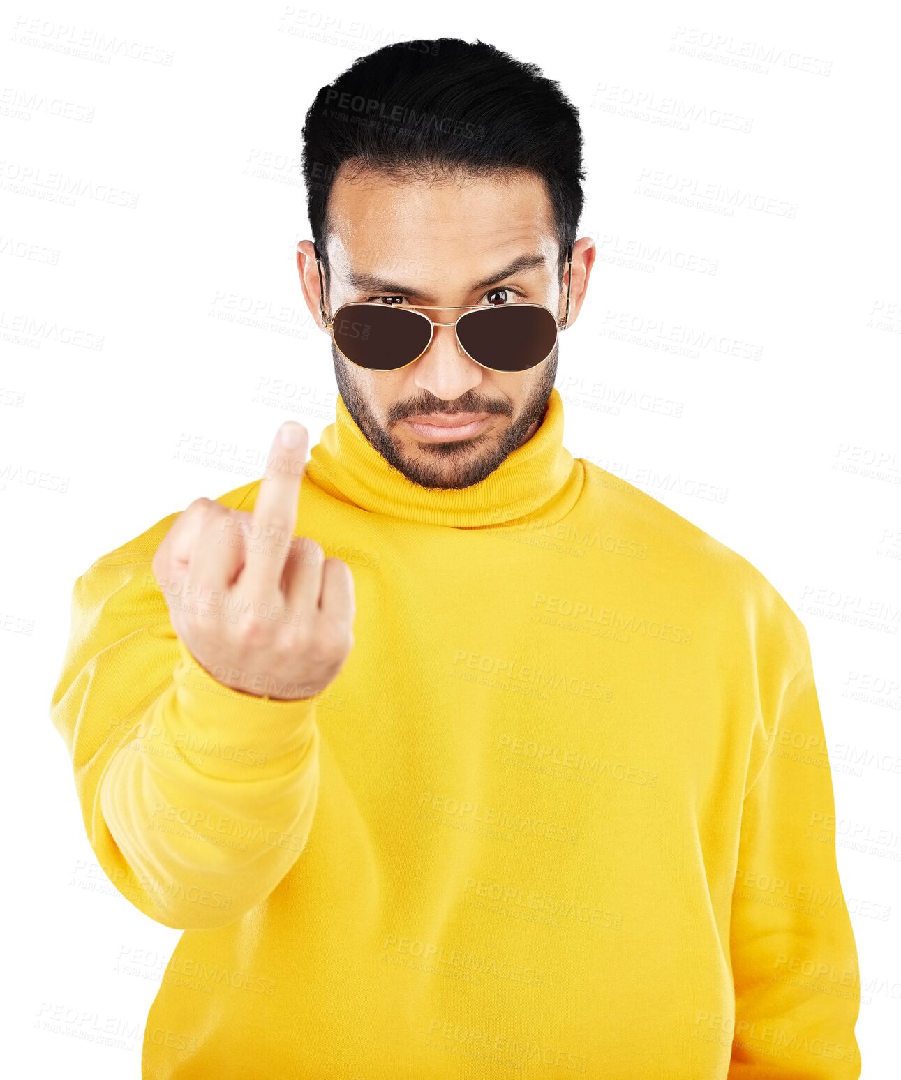 Buy stock photo Sunglasses, portrait and man with middle finger, sign or aggressive, rude or attitude on isolated, transparent or png background. Face, emoji and frustrated model with hand icon, conflict or problem