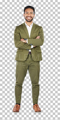 Buy stock photo Businessman, full body and portrait of professional with arms crossed in confidence isolated on a transparent PNG background. Happy asian man, employee or expert in job pride, ambition or mindset