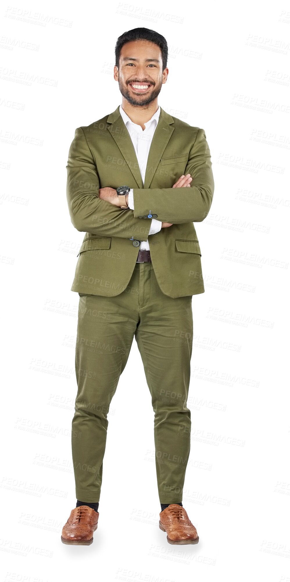 Buy stock photo Businessman, full body and portrait of professional with arms crossed in confidence isolated on a transparent PNG background. Happy asian man, employee or expert in job pride, ambition or mindset