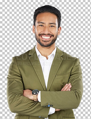 Buy stock photo Businessman, arms crossed and portrait of professional in confidence isolated on a transparent PNG background. Face of happy asian man, employee or expert in corporate job pride, ambition or mindset