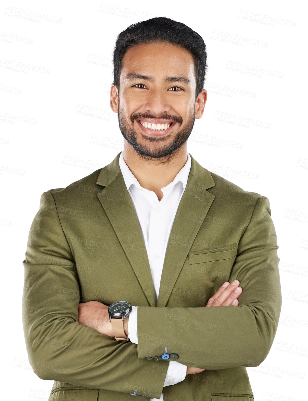 Buy stock photo Businessman, arms crossed and portrait of professional in confidence isolated on a transparent PNG background. Face of happy asian man, employee or expert in corporate job pride, ambition or mindset