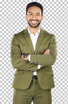 Buy stock photo Businessman, arms crossed and portrait of entrepreneur in confidence isolated on a transparent PNG background. Happy or confident asian man, model or employee smile in success, career ambition or job