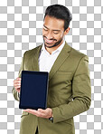 Happy asian man, tablet mockup and screen in advertising against