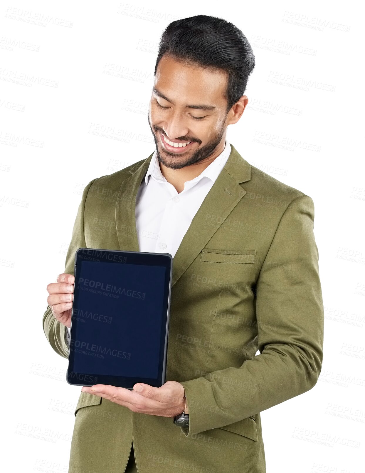 Buy stock photo Businessman, smile and holding for tablet screen for online, promotion or offer by social media. Asian person, happy or excited by announcement, notification or isolated on transparent png background