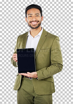 Buy stock photo Asian man, portrait or happy and tablet for advertising isolated on a png transparent background. Businessman, technology and display or screen in marketing or advertisement for social media or smile