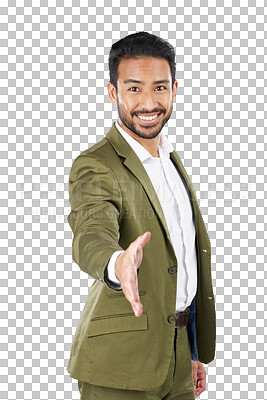 Buy stock photo Businessman, handshake and offer for interview, introduction and welcome isolated on a transparent PNG background. Portrait of asian man face shaking hands for meeting, deal or thank you in agreement