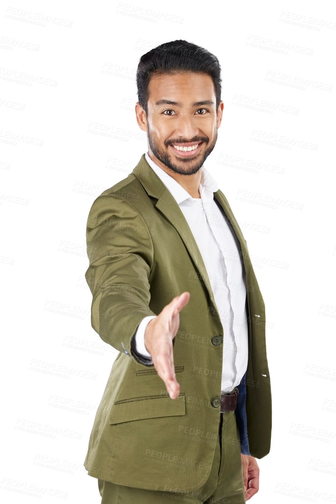 Buy stock photo Businessman, handshake and offer for interview, introduction and welcome isolated on a transparent PNG background. Portrait of asian man face shaking hands for meeting, deal or thank you in agreement