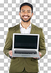 Laptop screen, space and portrait of business man in studio for