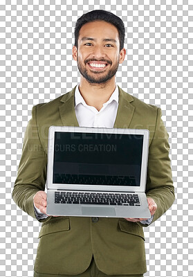 Buy stock photo Asian man, portrait or happy and laptop for advertising isolated on a png transparent background. Businessman, technology and display or screen in marketing or advertisement for social media or smile