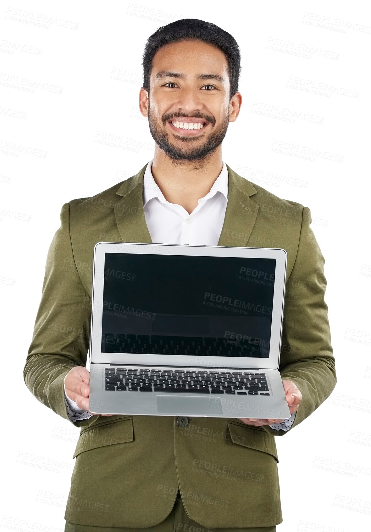 Buy stock photo Asian man, portrait or happy and laptop for advertising isolated on a png transparent background. Businessman, technology and display or screen in marketing or advertisement for social media or smile