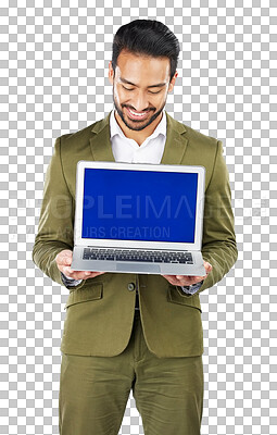 Buy stock photo Businessman, holding and laptop with green screen in portrait with promotion, announcement or alert on web. Asian person, technology and homepage on isolated or transparent png background by internet