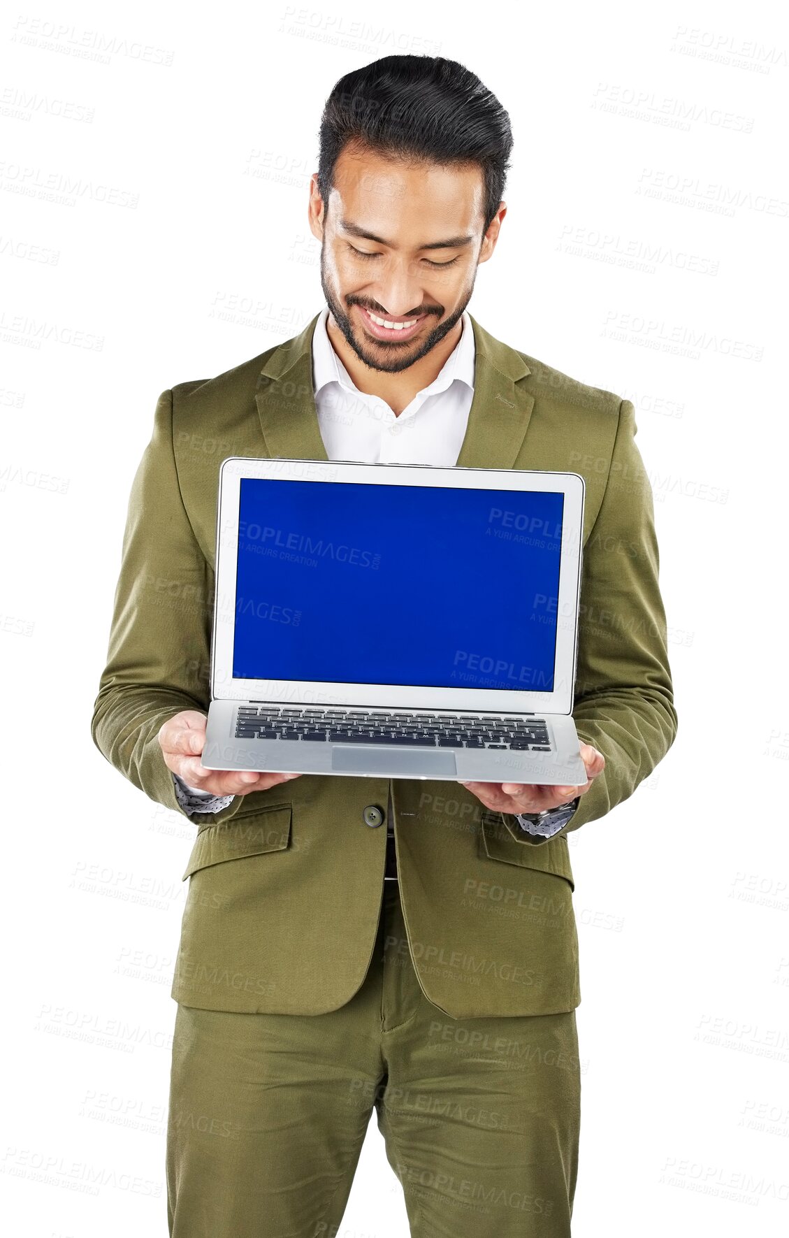 Buy stock photo Businessman, holding and laptop with green screen in portrait with promotion, announcement or alert on web. Asian person, technology and homepage on isolated or transparent png background by internet