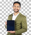 Happy asian man, portrait and tablet on mockup in advertising ag