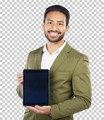 Buy stock photo Asian man, portrait or smile and tablet for advertising isolated on a png transparent background. Businessman, technology and display or screen in marketing or advertisement for social media or happy