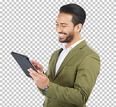 Buy stock photo Businessman, smile and reading on tablet for social media, email and announcement on website. Asian person, face or excited emoji for online consultation on isolated or transparent png background