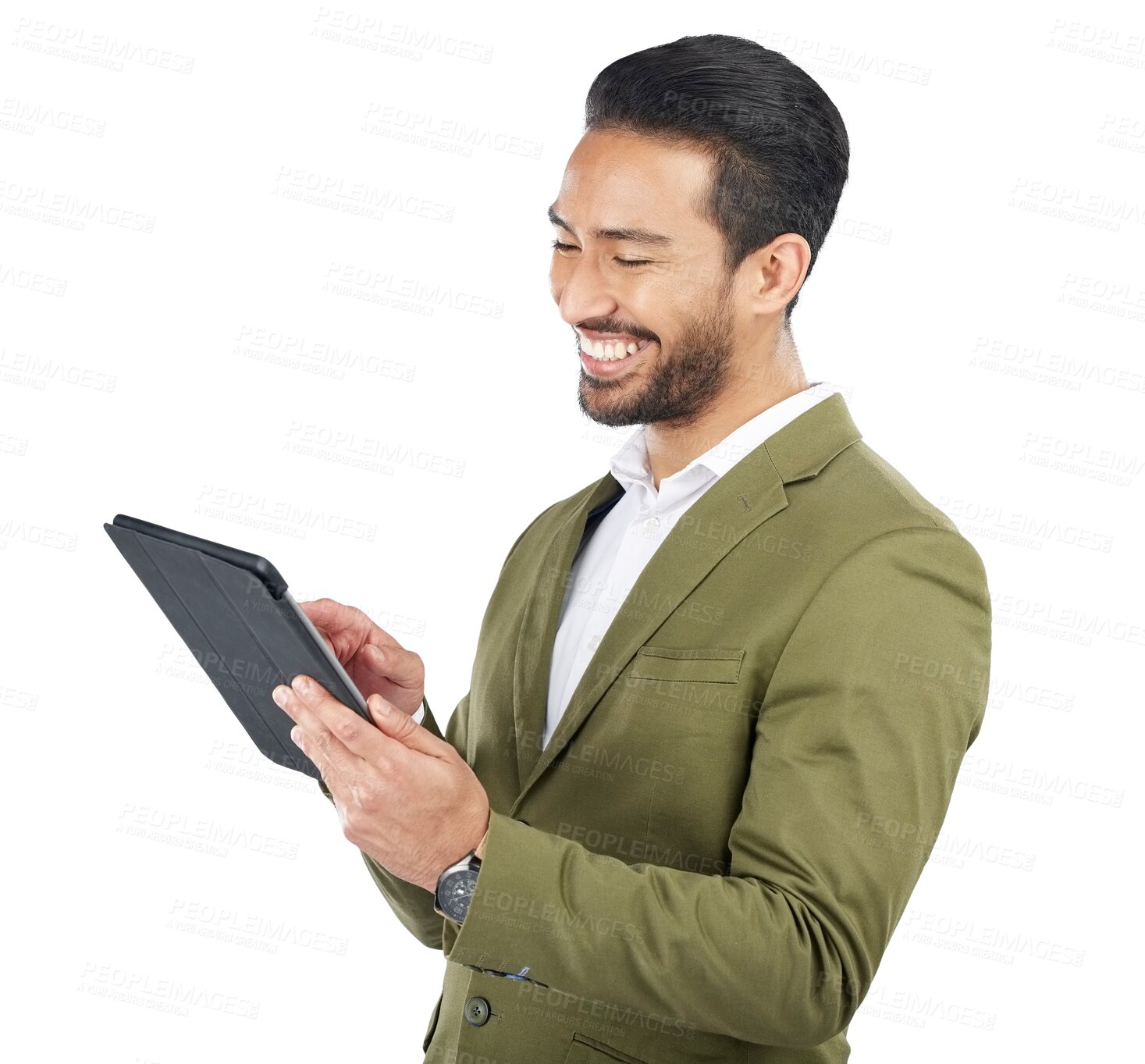 Buy stock photo Businessman, smile and reading on tablet for social media, email and announcement on website. Asian person, face or excited emoji for online consultation on isolated or transparent png background