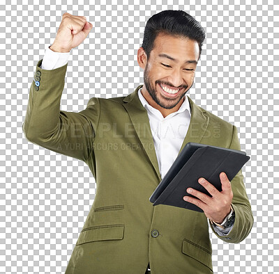 Buy stock photo Businessman, smile and celebration for good news on tablet, social media or announcement by internet. Asian person, happy or excited emoji for opportunity on isolated or transparent png background