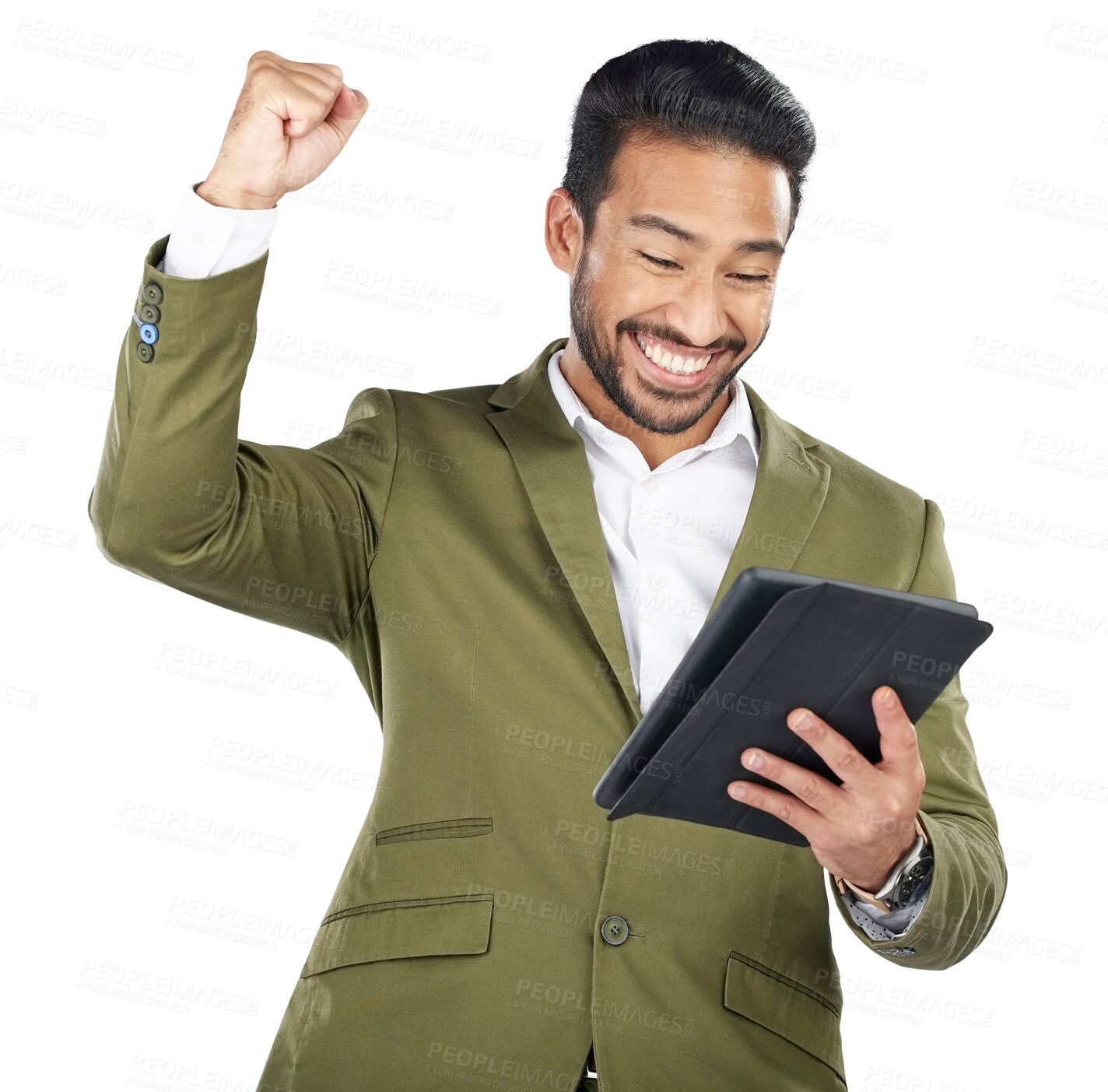 Buy stock photo Businessman, smile and celebration for good news on tablet, social media or announcement by internet. Asian person, happy or excited emoji for opportunity on isolated or transparent png background