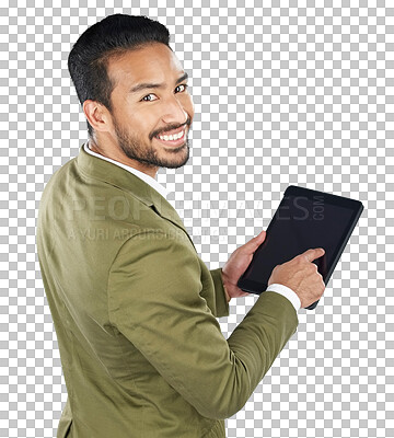 Buy stock photo Search, tablet screen and happy man for technology, internet and worker on isolated transparent png background. Online, planning and young person for employee, working and connection for networking