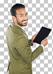 Smile, tablet and portrait of businessman with technology with i